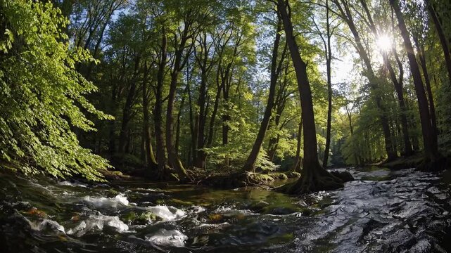 Flowing creek in forest, peaceful nature scene with running water