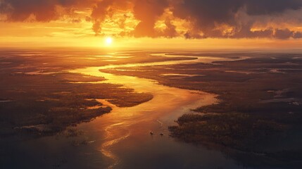 Golden sunset over serene river landscape with boats calm waters sky view wild image photo light