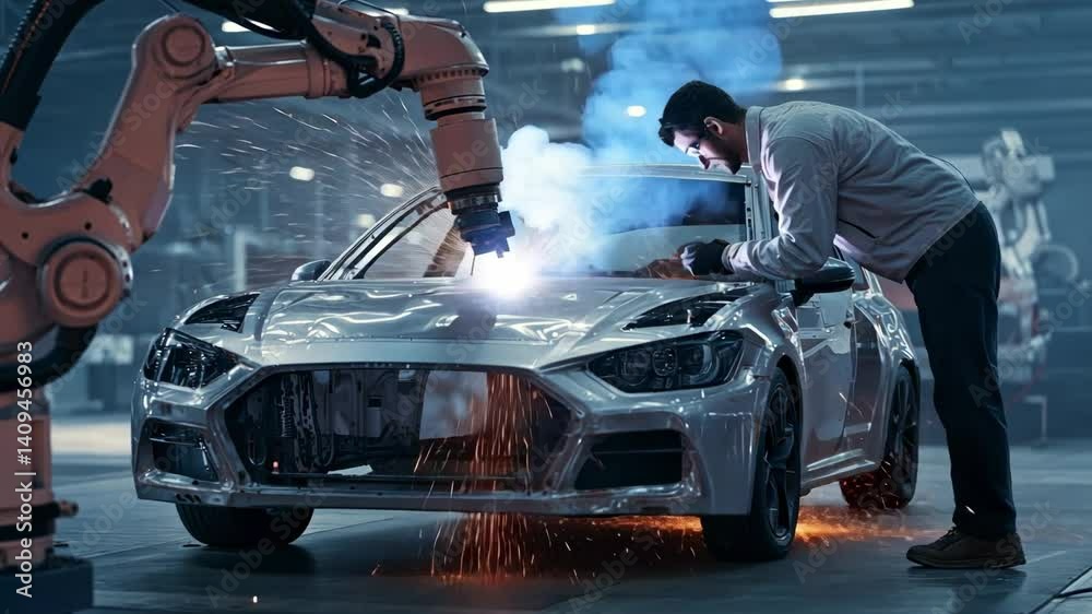 Aufkleber automotive engineer monitors robotic welding process on car chassis in modern factory, ensuring qual