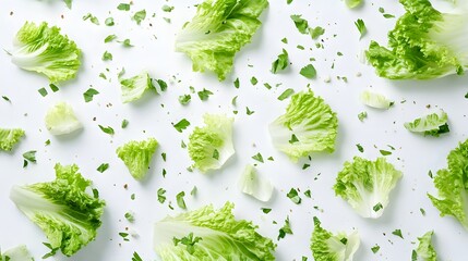 Obraz premium Scattered lettuce leaves and chopped greens on white background. 