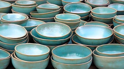 Teal Ceramic Bowls Stacked Artisan Pottery