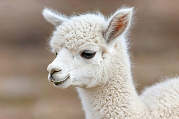 Obraz premium Baby alpaca shyly gazes around while standing in a soft, natural setting during daylight hours