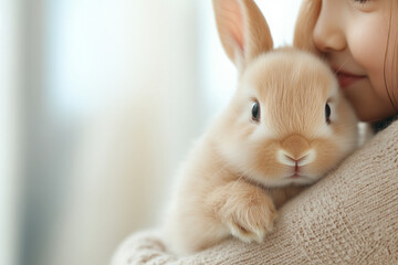 Obraz premium Child gently holds a fluffy baby rabbit in a cozy indoor setting with warm lighting