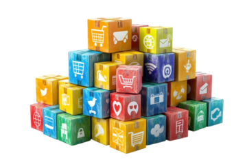 Colorful blocks showcasing e commerce social media icons stacked pyramid on transparent background