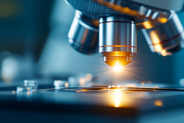 Close-up view of a microscope on a lab table showcasing intricate optical details and illumination
