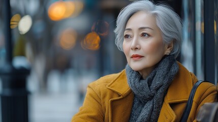 Fototapeta premium A woman with gray hair is sitting on a bench in a city