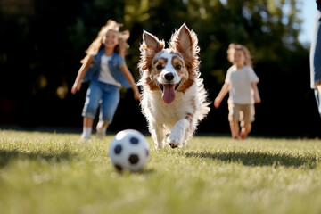 Dog joyfully chases a ball while children run in a sunny park during a cheerful afternoon