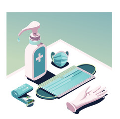 Isometric Hygiene Kit with Face Mask, Gloves, Tissues, and Hand Sanitizer on Wooden Tray

