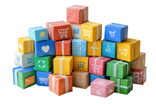 Colorful gift boxes pile ecommerce shopping symbols online retail delivery on transparent background