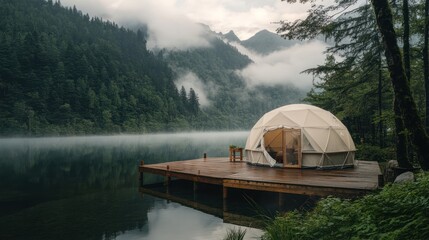 Geodesic dome tent amidst tranquil lake and misty woodland retreat landscape