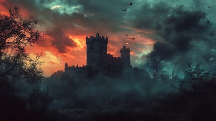 Obraz premium Silhouette Castle Against Dramatic Sunset with Orange And Dark Blue Sky