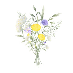 Bouquet of watercolor wildflowers dandelion, bellflower, yarrow and meadow grasses. Hand drawn isolated illustration of white, yellow and lilac flowers, wild greenery for postcards and stickers
