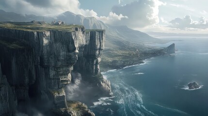 Dramatic Coastline View with Cliffs and Mountains in a Serene Landscape