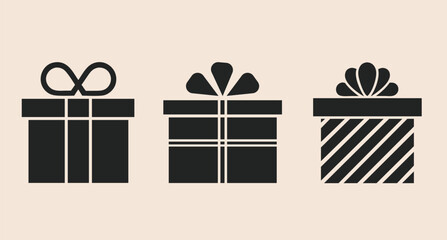 Gift Box Icons – Flat Silhouette Present Icons with Ribbon and Bow

