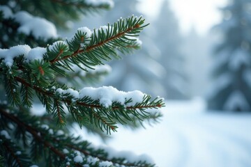 Evergreen tree branches against snowy background, snow, branch, winter