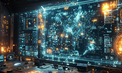 Futuristic spaceship bridge with glowing holographic displays. - Powered by Adobe