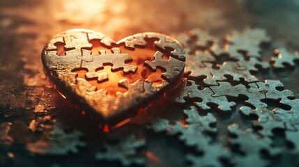 Glowing Metal Puzzle Heart: A Warm, Intricate Artistic Composition