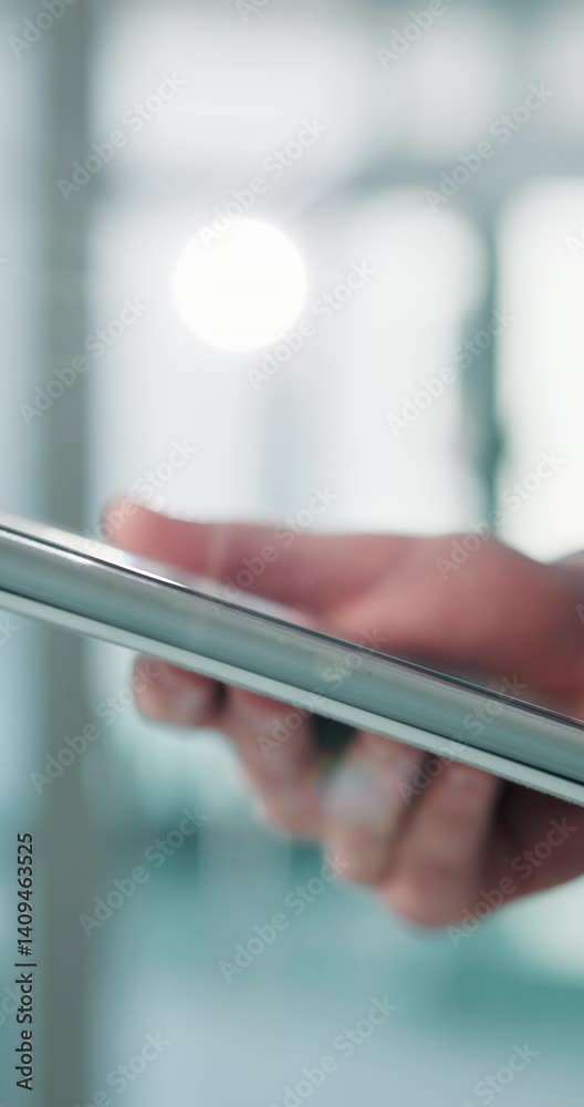 Poster hands, scroll and person in office with tablet, typing and communication on content marketing websit