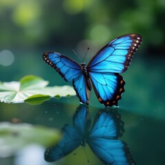 Fototapeta premium Blue morpho butterfly in flight over calm water , movement, insect