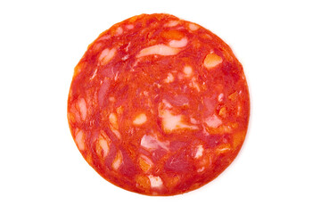 Spicy dry cured chorizo sausage sliced isolated on white background.