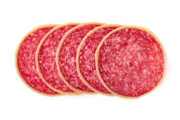 Sliced salami sausage, isolated on white background.