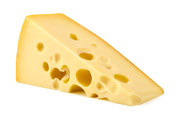 Slice of Swiss cheese with holes, isolated on white background.
