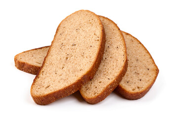 Rye bread loaf with slices, isolated on white background.