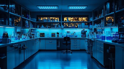 Modern laboratory interior, lit with cool blue tones