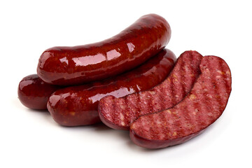 Roasted pork sausages, isolated on white background.