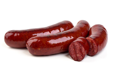 Barbecued pork sausages, isolated on white background.