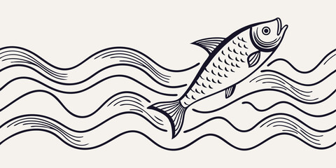 Fototapeta premium Elegant Line Art Illustration of a Fish Leaping Over Waves