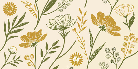 Elegant Botanical Floral Pattern Seamless Mustard Yellow and Green Flower Design