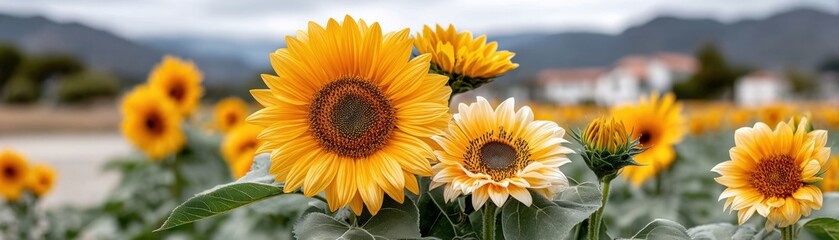 Obraz premium A vibrant field of sunflowers, showcasing their bright yellow petals against a backdrop of mountains and cloudy skies.