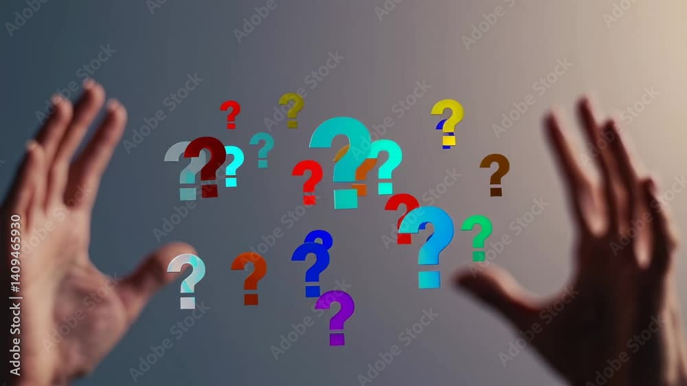Aufkleber Open hands frame a collection of colorful question marks floating against a gradient background, symbolizing uncertainty, decision making, and the search for answers