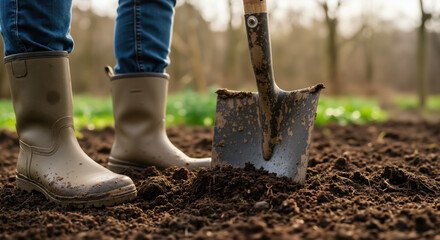 Person wearing rubber boots and using shovel in garden soil. Spring gardening and soil preparation for planting season