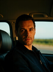 A serious - looking man in the car