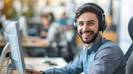 Fototapeta premium Happy call center agent with cheerful demeanor assisting client. Minimalist