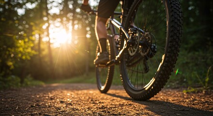 Naklejka premium Mountain biker enjoying a sunny trail ride through the woods.