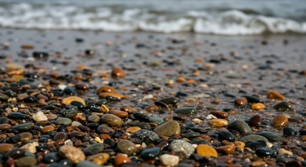 Colorful wet pebbles on beach shore with ocean waves in background. Geological diversity for spa decoration and meditation practice promotion