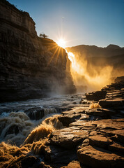Magnificent sunrise view of Hukou Waterfall on the Yellow River