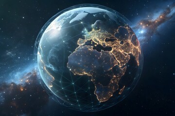 Futuristic glowing Earth with digital network lines in space, global communication and technology concept
