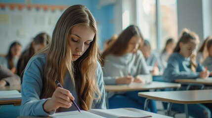 Fototapeta premium Students classroom during exam with focused students writing answers.