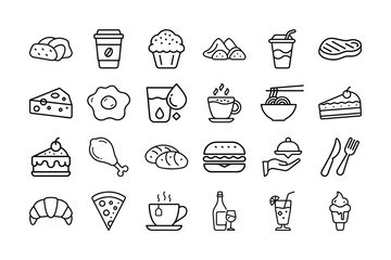 Food and Drink Line Icons Set – Meal, Dessert, Beverage, Snack, Fast Food, Breakfast

