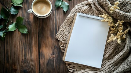 Cozy workspace with blank paper and hot coffee on a wooden desk. -