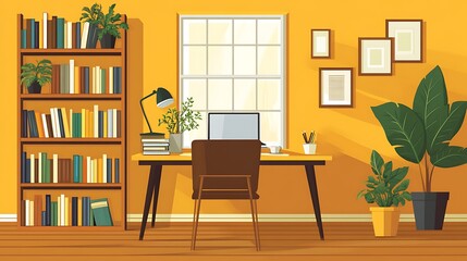 Bright Home Office with Desk and Bookshelf, A bright home office with a desk, chair, laptop, and bookshelf