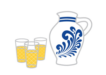 ein Apfelwein Bembel und drei Gerippte: Tonkrug mit Gläsern, typisch in Hessen, transparent ohne Hintergrund 