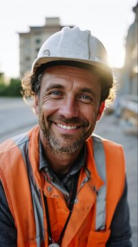 Portrait of a smiling construction site worker wearing a white hard hat and orange safety vest, sitting on an urban construction site at golden hour, Generative AI