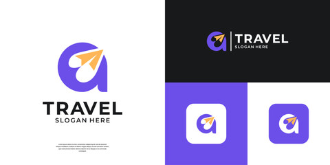 Travel agent logo design. Abstract letter A with paper airplane logo template.