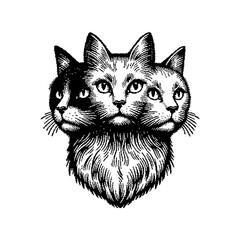Three-headed cat illustration in a vintage, intricate style
