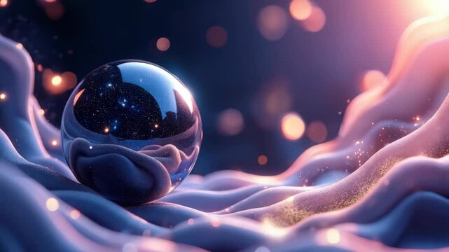 Abstract composition. A mirror sphere floats in a pond with soft waves.